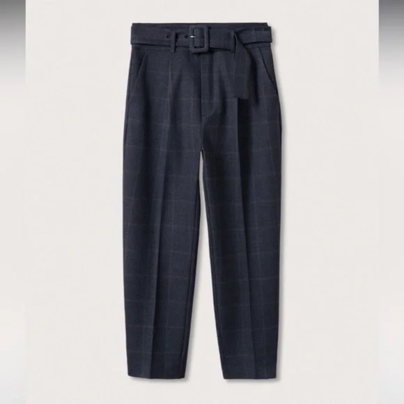 MNG Mango High Waist Plaid Tapered Belted Trousers Pants Size 34 US 2 XS - Picture 2 of 6